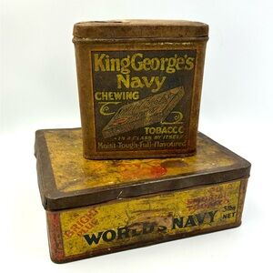 Two Vintage Tobacco Tins Worlds Navy & King Georges Navy Rustic Farmhouse Decor